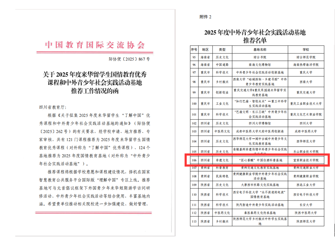 喜报：宜宾职业技术学院“匠心善酿”中国白酒科普基地入选2025年度中外青少年社会实践活动基地